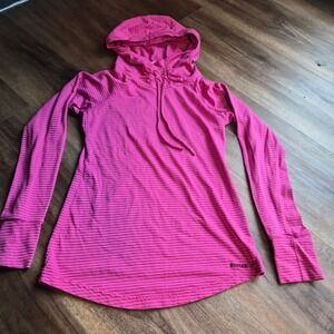 Reebok Womens Pink Striped Lightweight Activewear Hoodie XS Raglan Sleeve Top